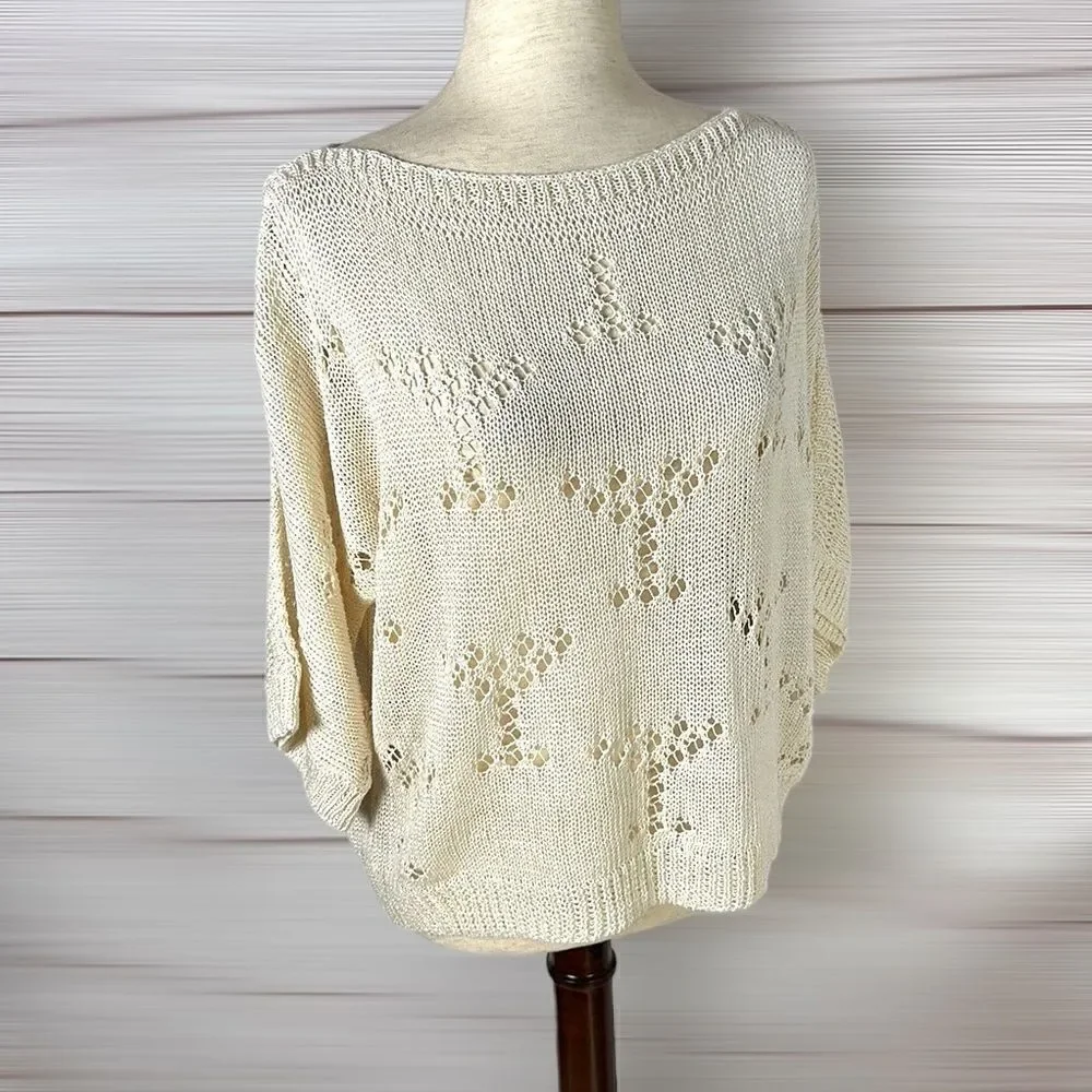 MOODS of NORWAY Cream Knit Top Seeater Boat Neck Batwing Sleeves Linen Blend M